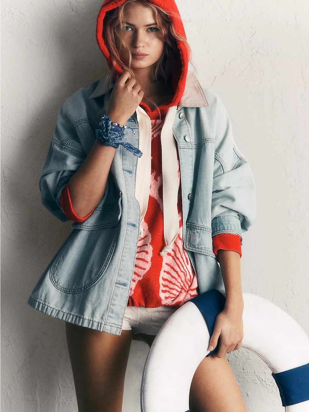 Free People Light Blue Denim Jacket with Cream Collar - Picture 2 of 4